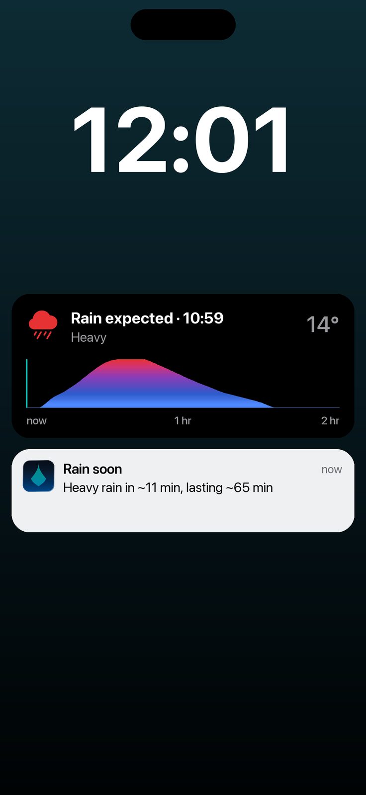 Lock Screen with the Shyrm rain countdown and a rain alert: heavy rain in about 11 minutes