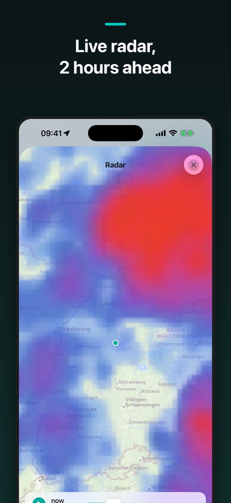 Shyrm live radar map over southwest Germany with a 2-hour forecast
