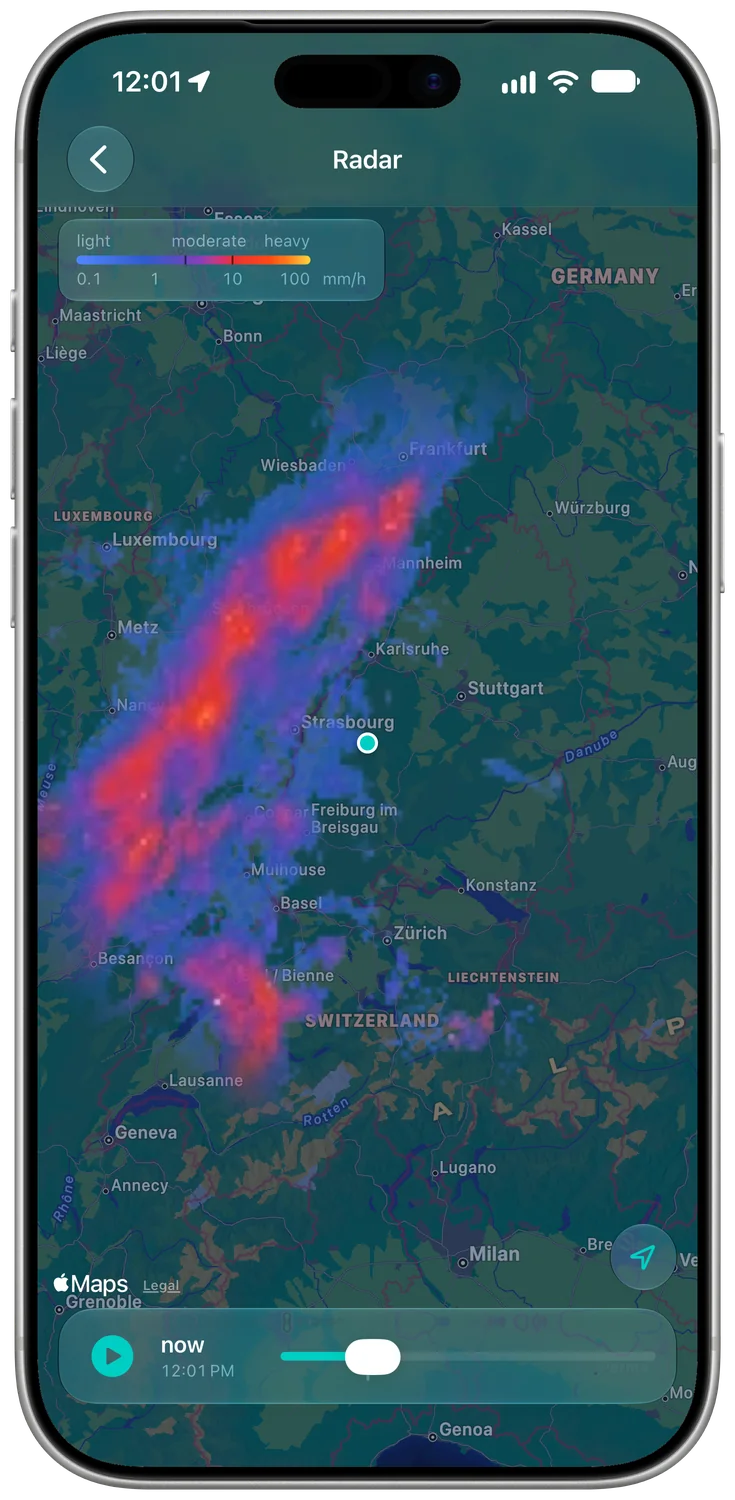 Shyrm full-screen radar map with a rain band over the Upper Rhine and a timeline scrubber