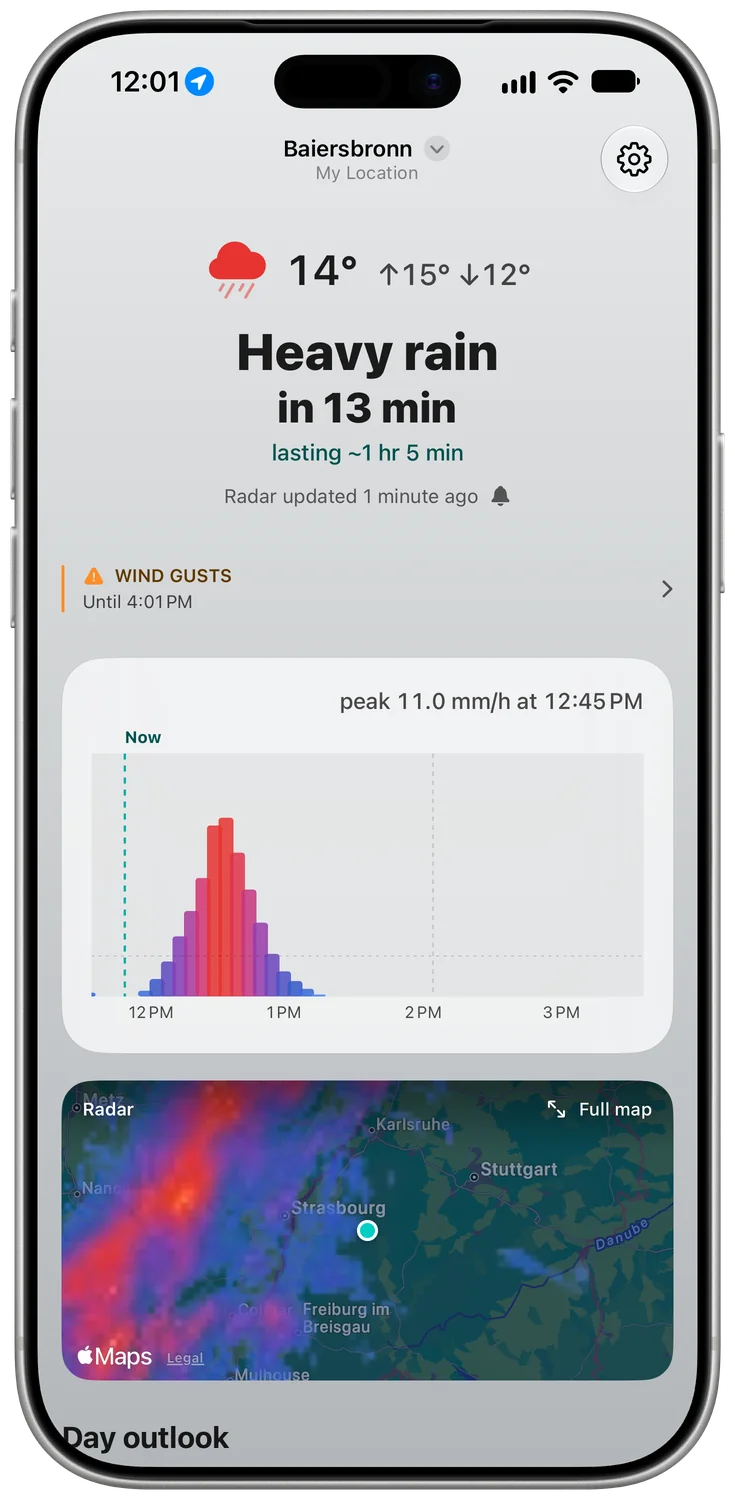 Shyrm forecast screen: heavy rain in 13 minutes, lasting about an hour, with a wind warning and a rain chart